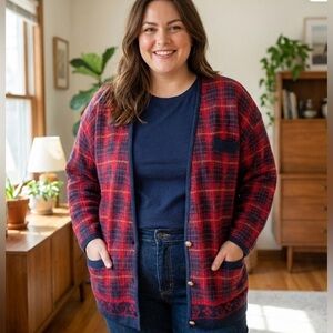 Schroder Custom Separates VINTAGE English Plaid Lambswool Cardigan Blue/Red 2XL